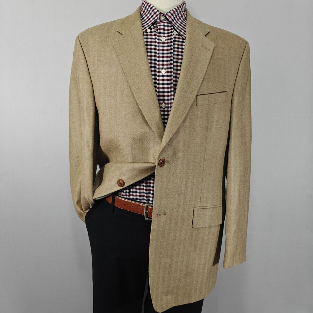 Kasper Men's Sport Coat Blazer Two Button Beige‎ Herringbone Silk Wool Size 44L